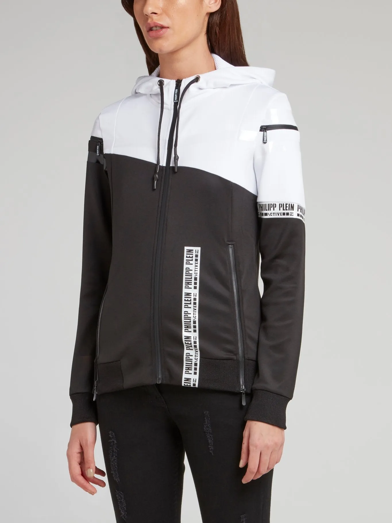 Grey and White Zip Up Hooded Sweatshirt