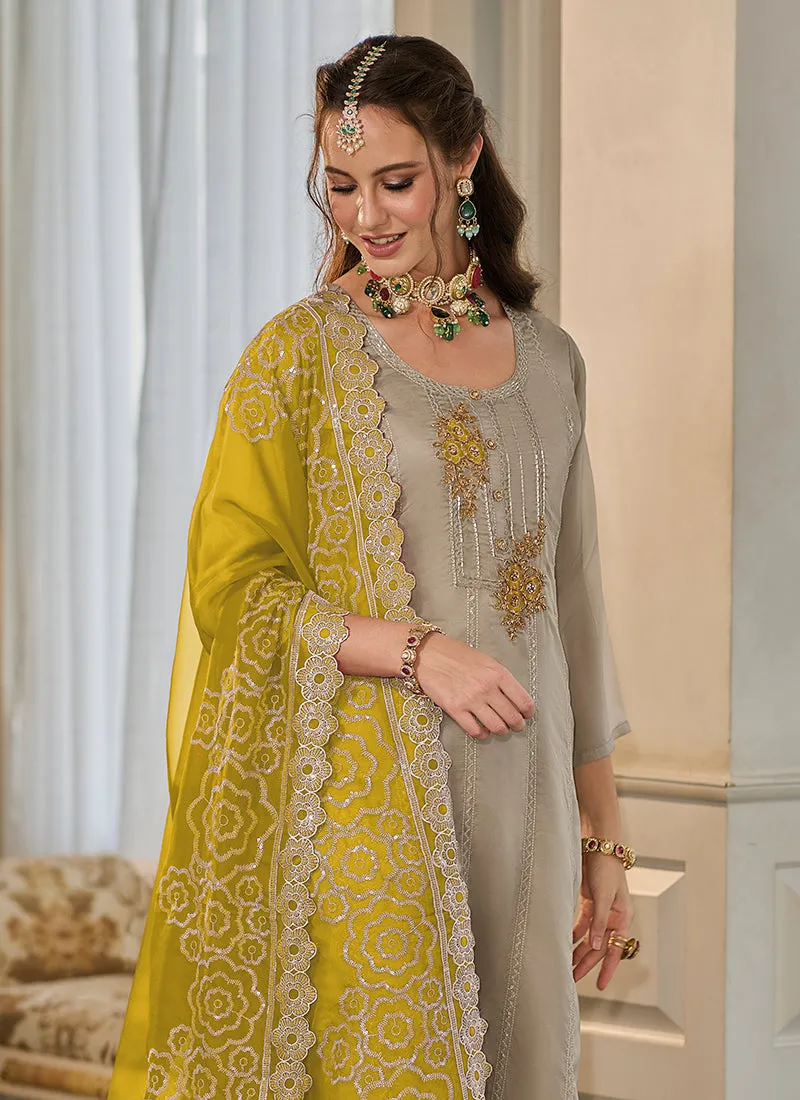 Grey And Yellow Embroidery Salwar Kameez Suit