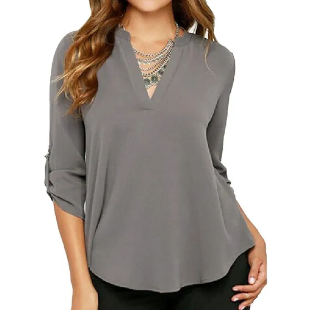 Half Sleeve Women V Neck Loose Casual Collar Chiffon Shirt Tops