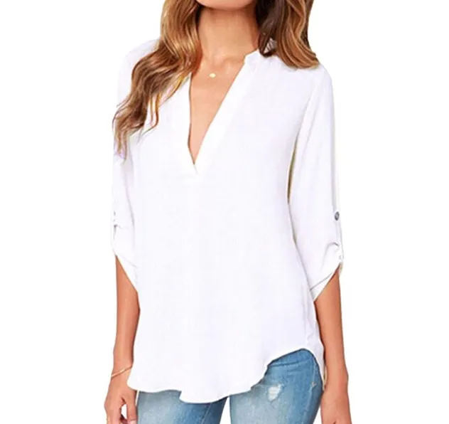 Half Sleeve Women V Neck Loose Casual Collar Chiffon Shirt Tops