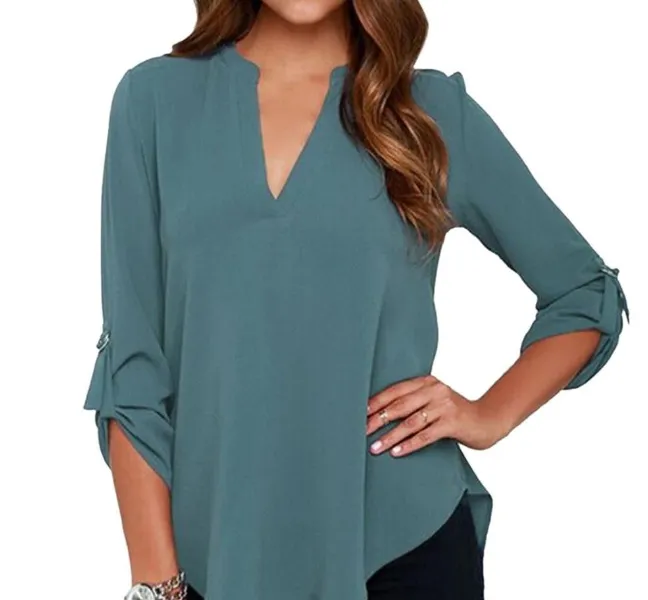 Half Sleeve Women V Neck Loose Casual Collar Chiffon Shirt Tops