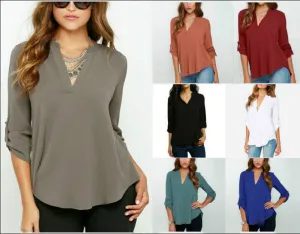 Half Sleeve Women V Neck Loose Casual Collar Chiffon Shirt Tops