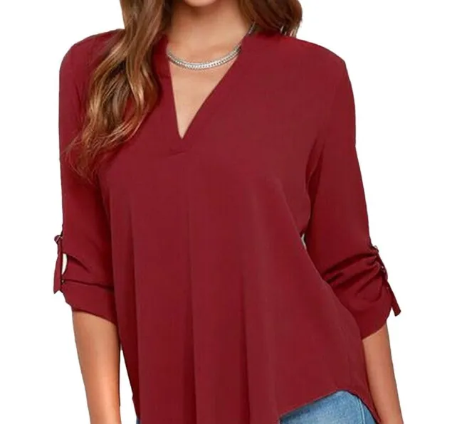 Half Sleeve Women V Neck Loose Casual Collar Chiffon Shirt Tops
