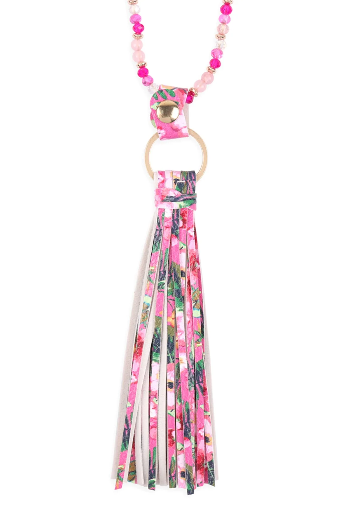 HDN3337 - FLORAL LEATHER TASSEL PRINT PENDANT NECKLACE
