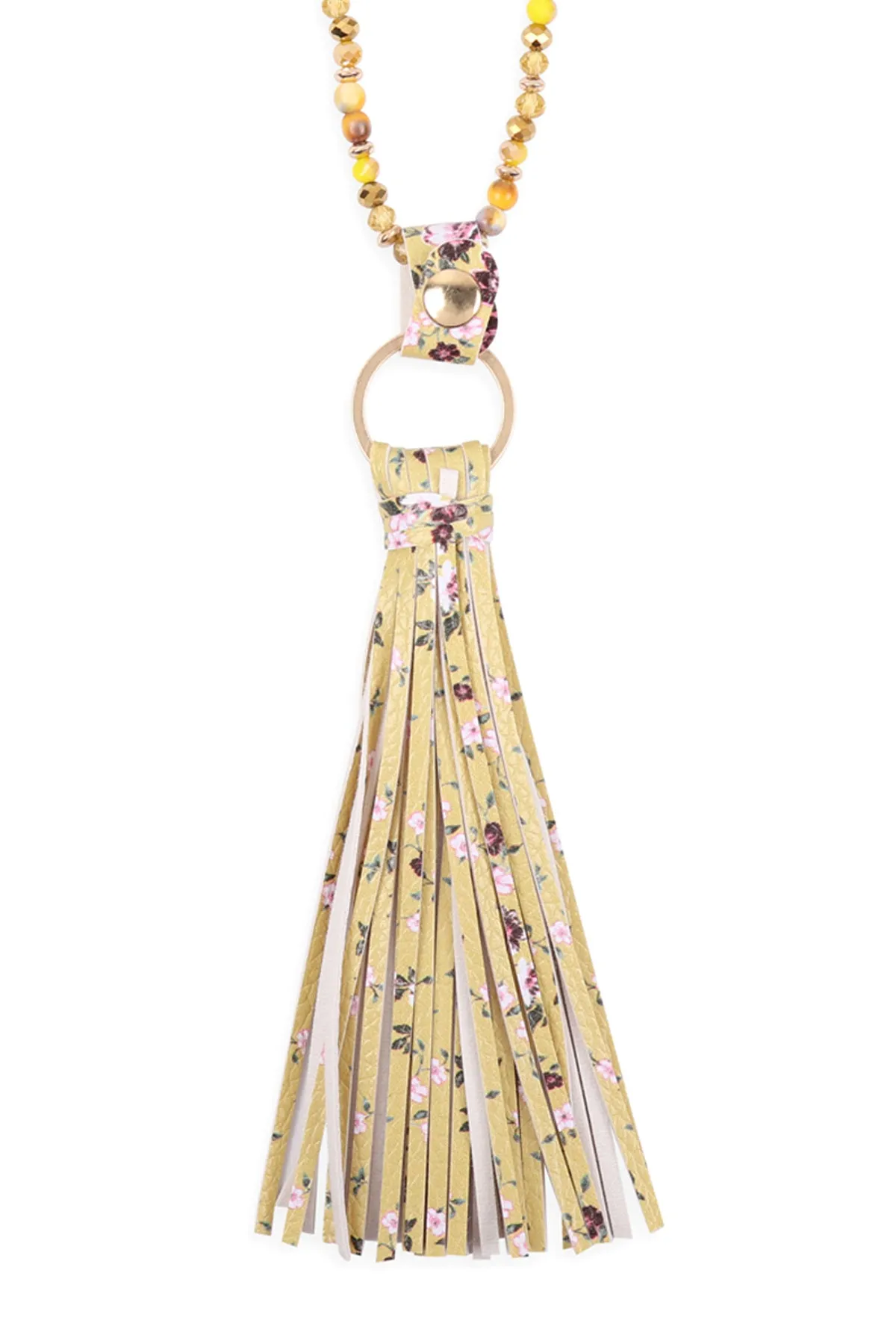 HDN3337 - FLORAL LEATHER TASSEL PRINT PENDANT NECKLACE