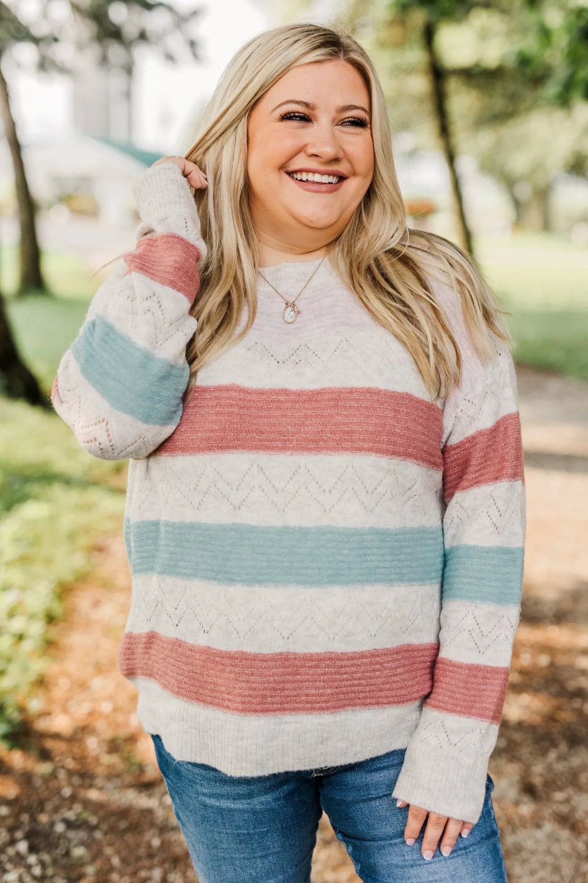 Heart To Heart Striped Knit Sweater- Baby Pink, Brick & Dusty Blue