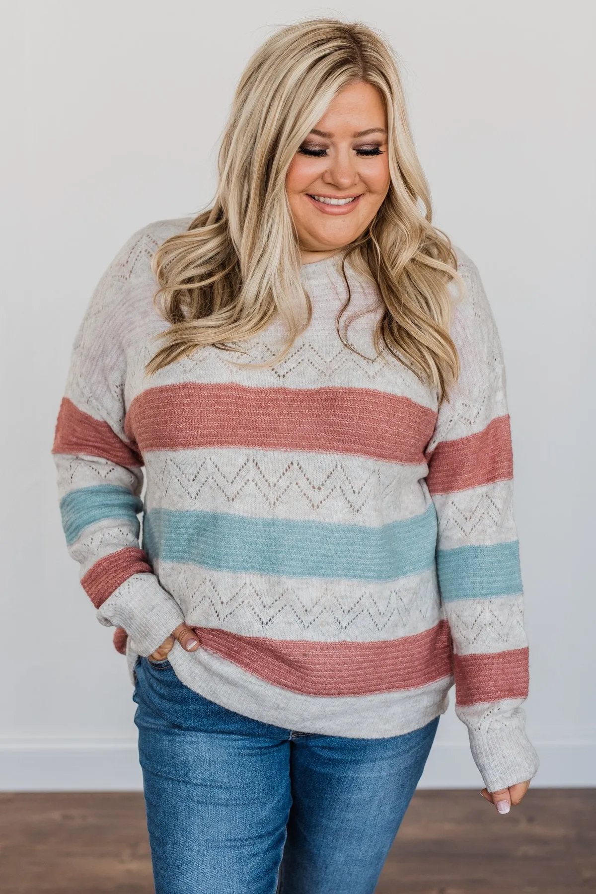 Heart To Heart Striped Knit Sweater- Baby Pink, Brick & Dusty Blue