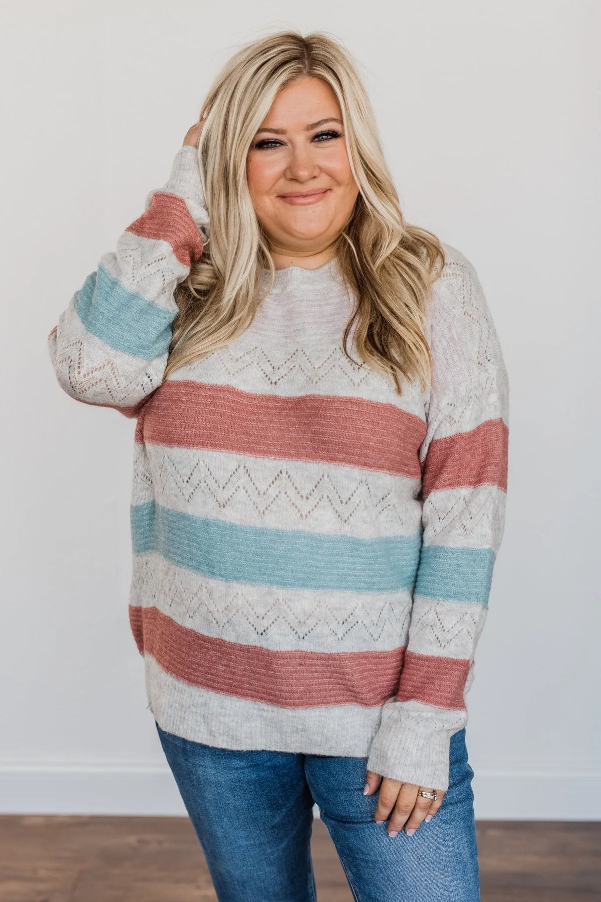 Heart To Heart Striped Knit Sweater- Baby Pink, Brick & Dusty Blue