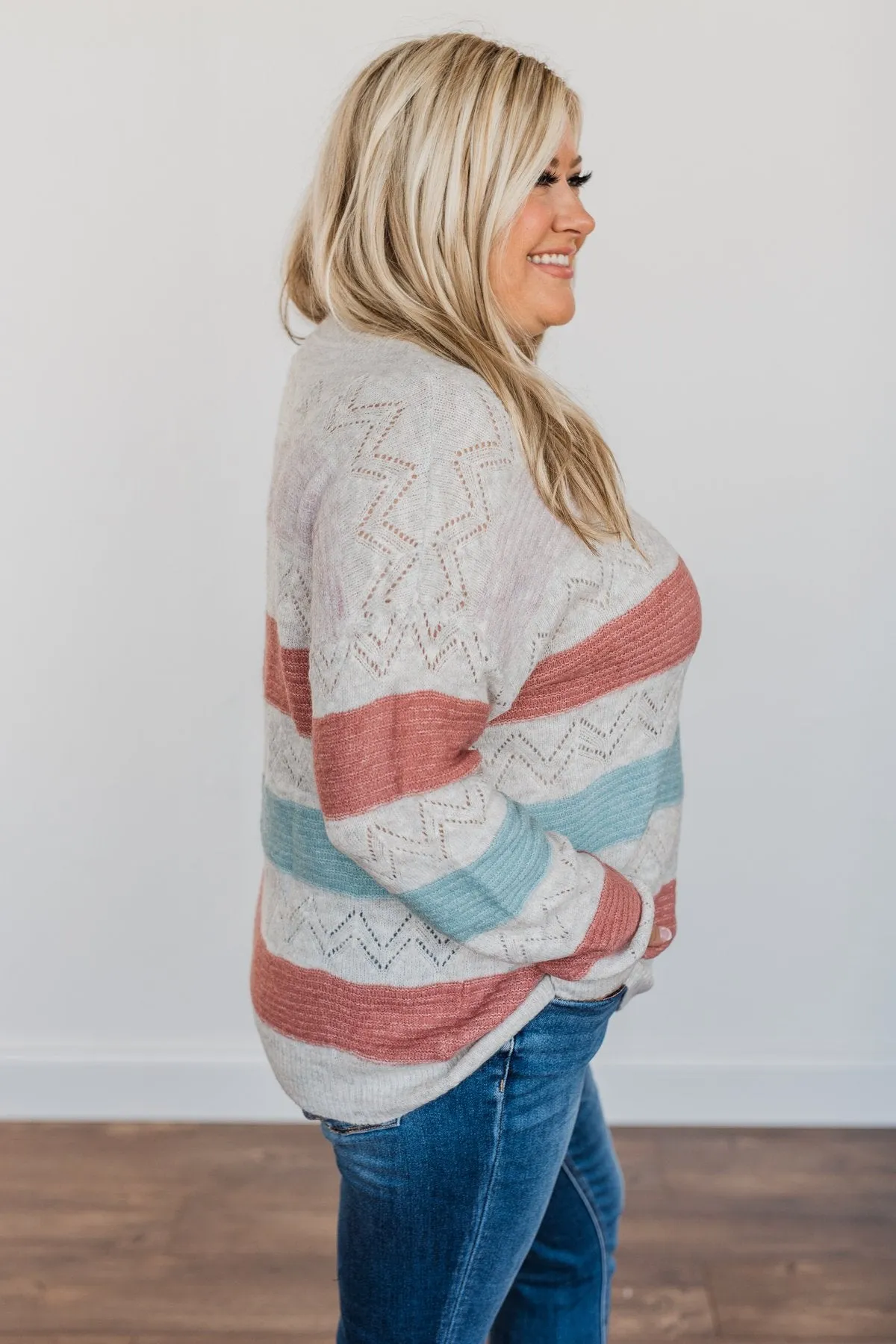 Heart To Heart Striped Knit Sweater- Baby Pink, Brick & Dusty Blue
