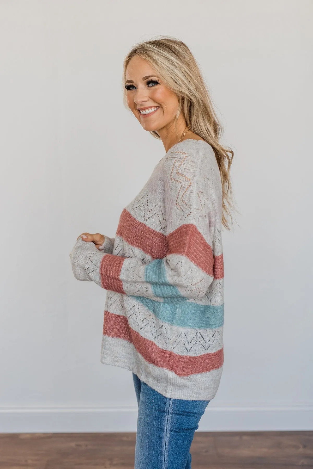Heart To Heart Striped Knit Sweater- Baby Pink, Brick & Dusty Blue