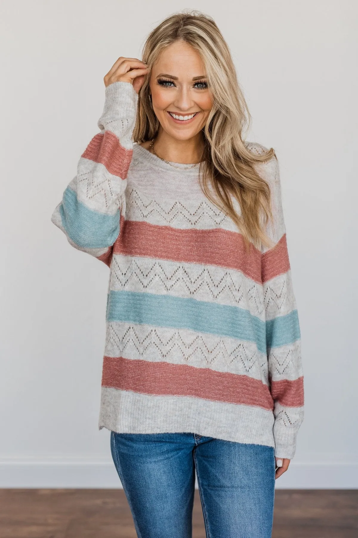 Heart To Heart Striped Knit Sweater- Baby Pink, Brick & Dusty Blue