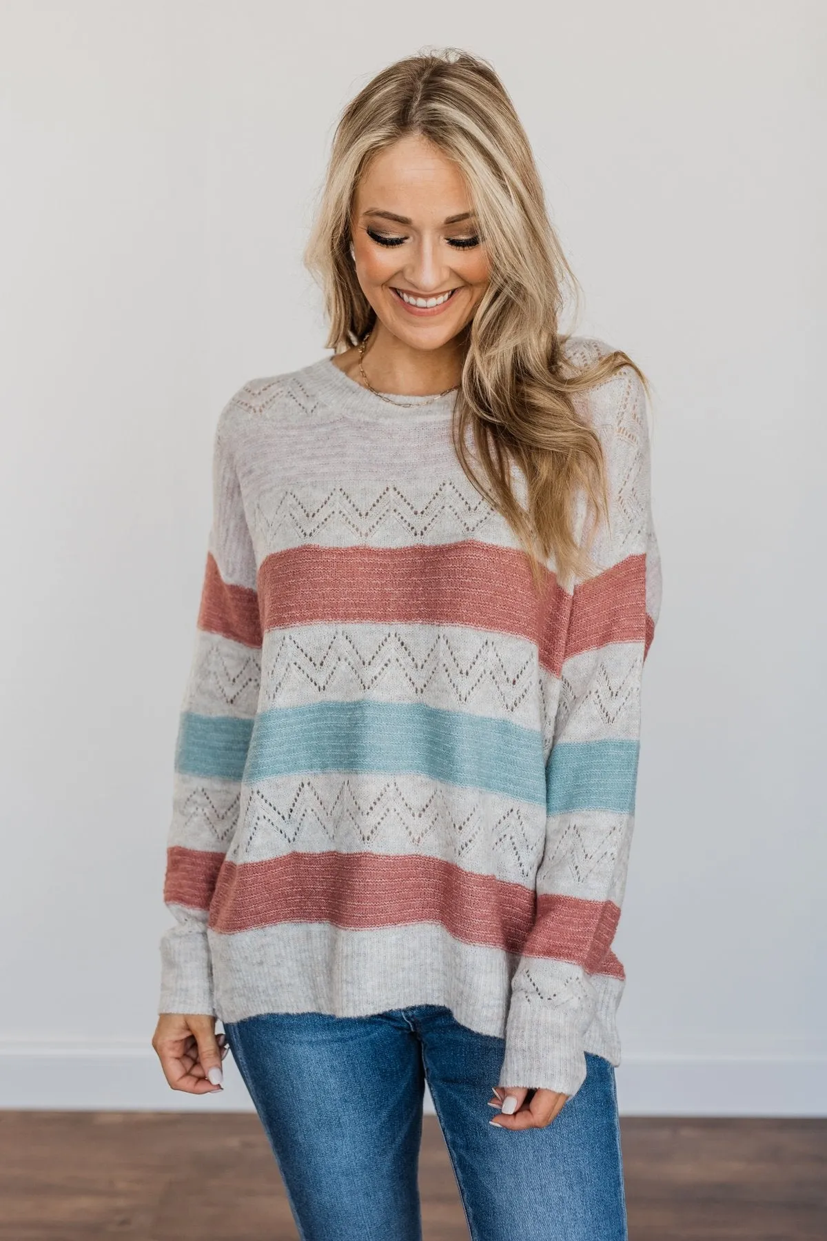 Heart To Heart Striped Knit Sweater- Baby Pink, Brick & Dusty Blue