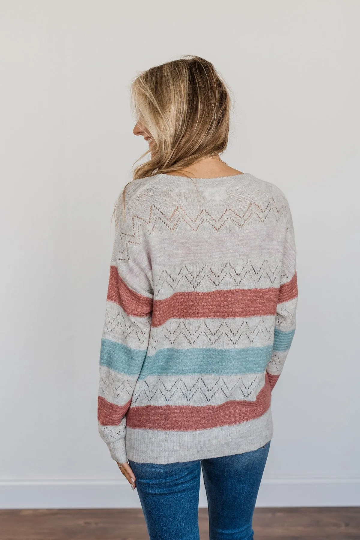 Heart To Heart Striped Knit Sweater- Baby Pink, Brick & Dusty Blue