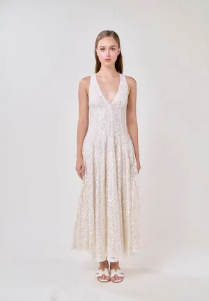 Heidi White Deep V-Neck French Lace Maxi Dress