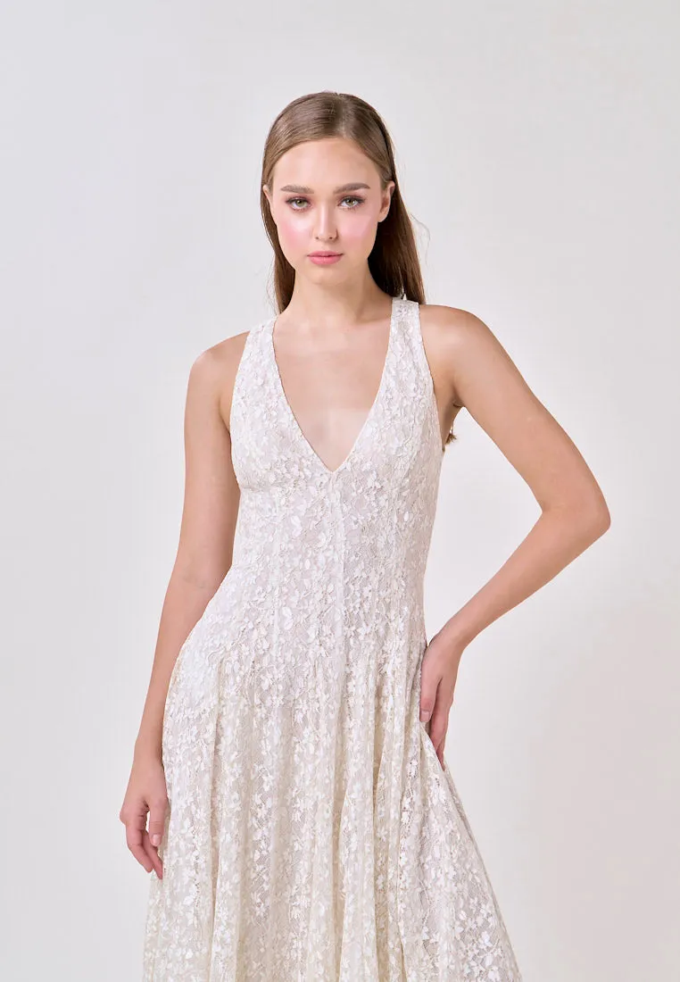 Heidi White Deep V-Neck French Lace Maxi Dress