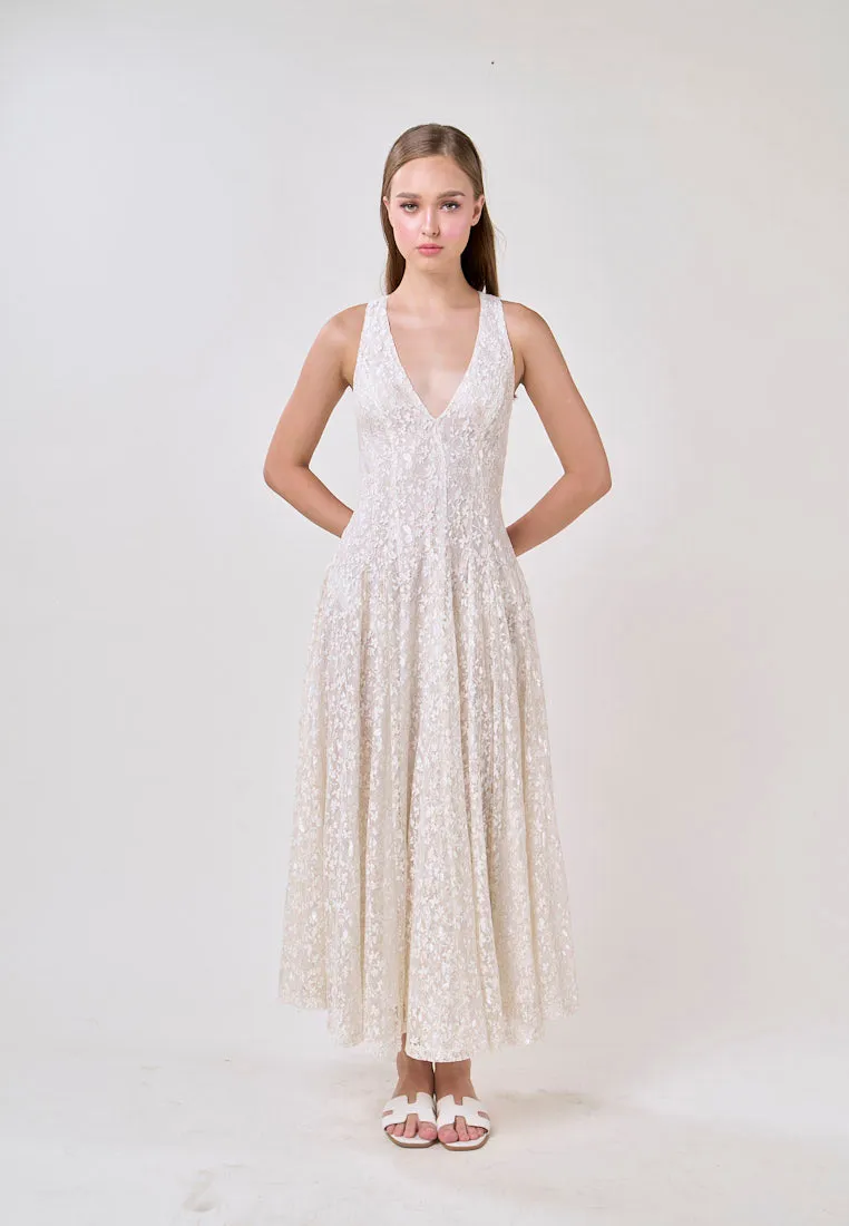 Heidi White Deep V-Neck French Lace Maxi Dress