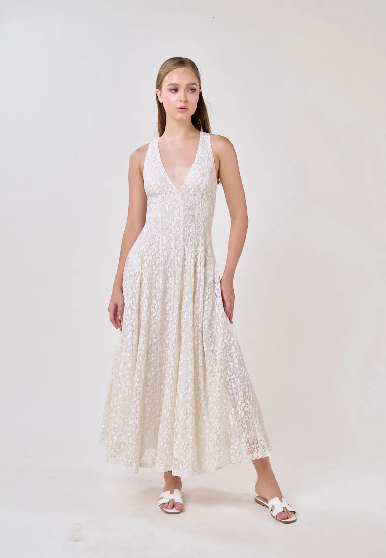 Heidi White Deep V-Neck French Lace Maxi Dress