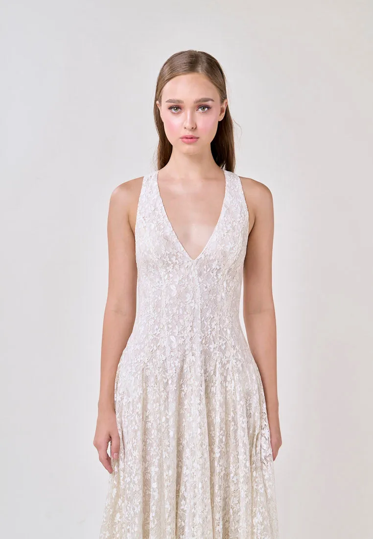 Heidi White Deep V-Neck French Lace Maxi Dress