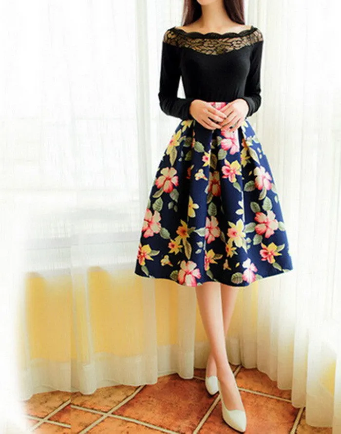High Waist Pleated Midi Skirt Women Floral Print Long Skirts Summer