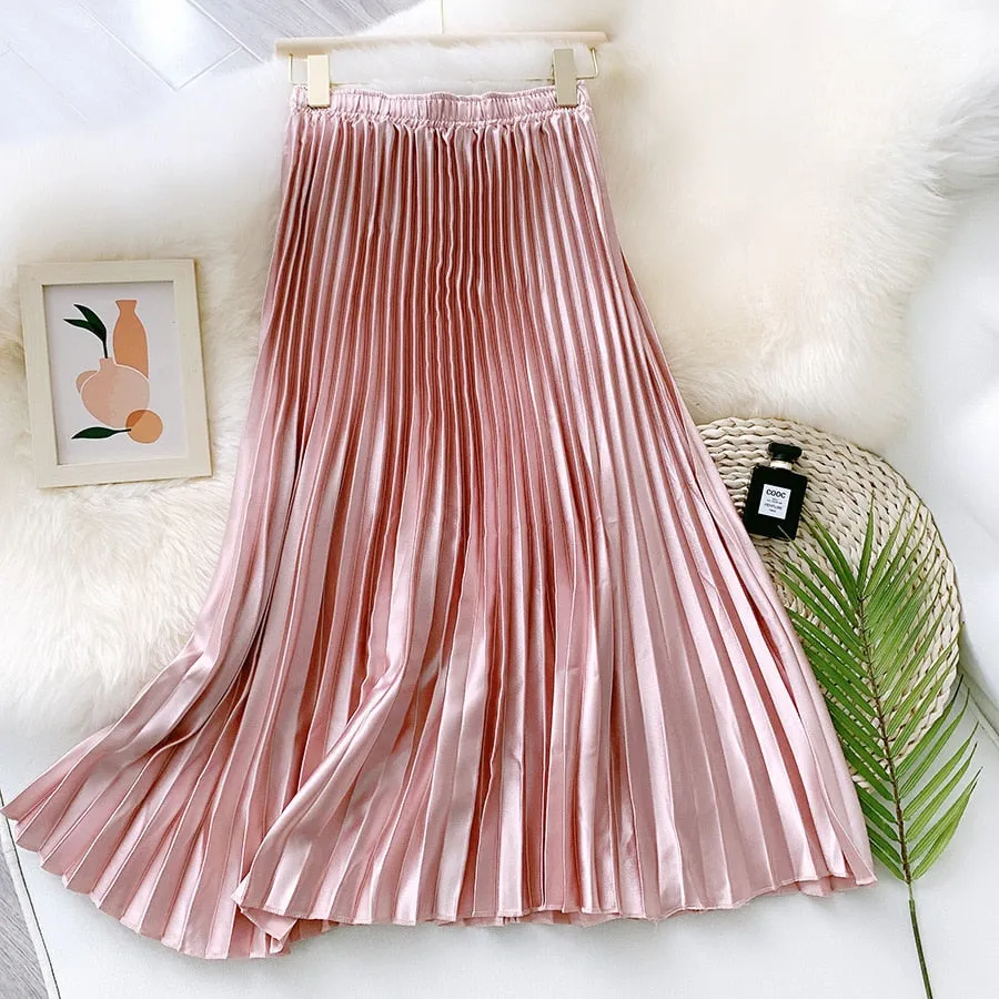 High Waist Pleated Skirt Solid Color Black Pink Long Skirt for Women
