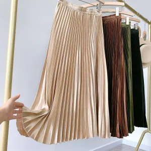 High Waist Pleated Skirt Solid Color Black Pink Long Skirt for Women