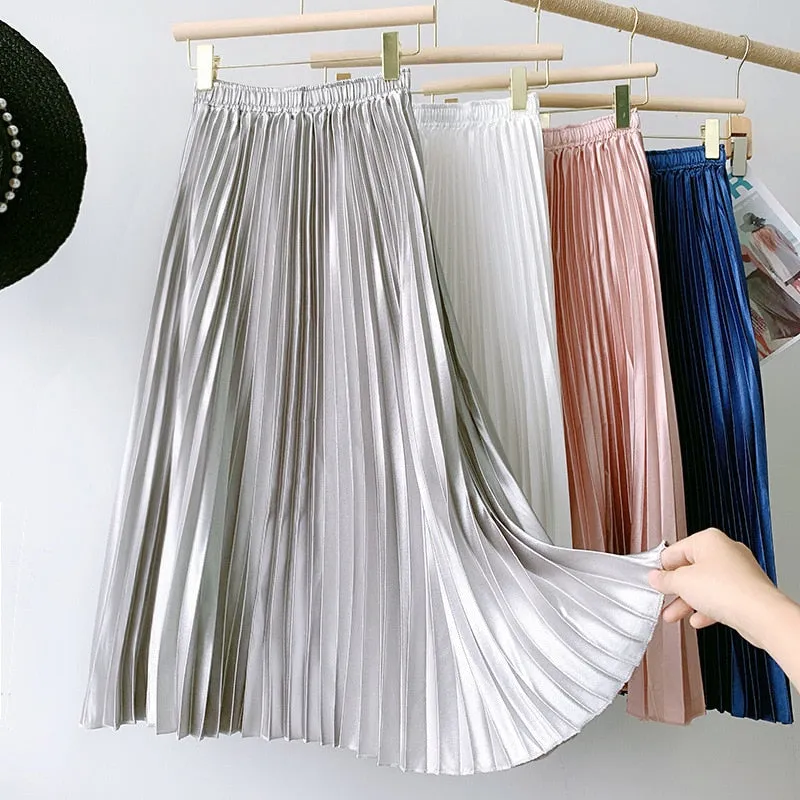 High Waist Pleated Skirt Solid Color Black Pink Long Skirt for Women