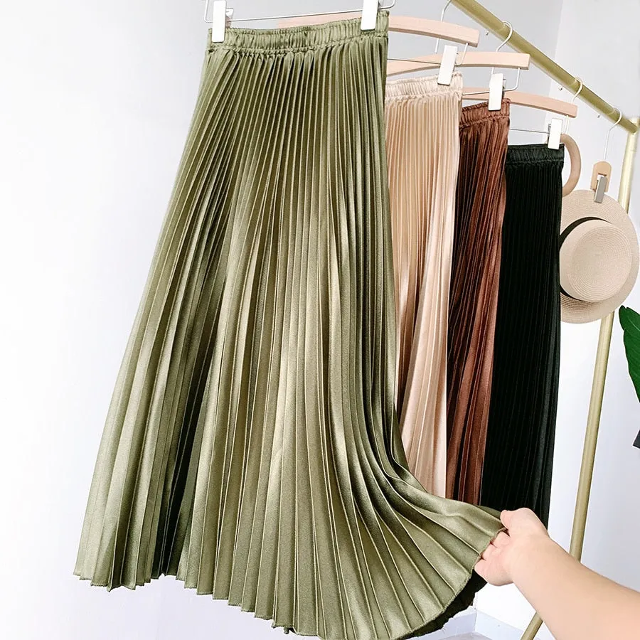 High Waist Pleated Skirt Solid Color Black Pink Long Skirt for Women