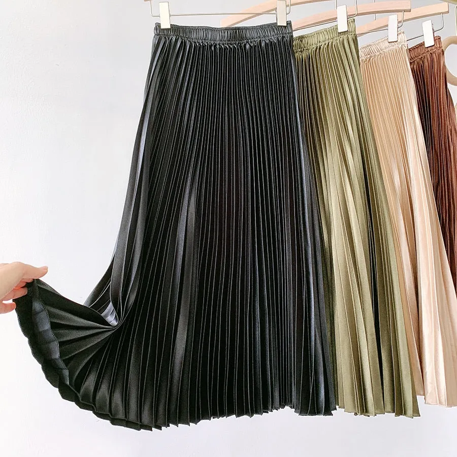 High Waist Pleated Skirt Solid Color Black Pink Long Skirt for Women