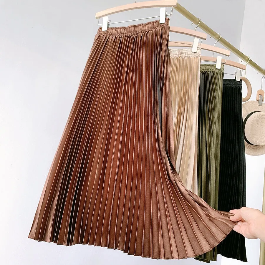 High Waist Pleated Skirt Solid Color Black Pink Long Skirt for Women