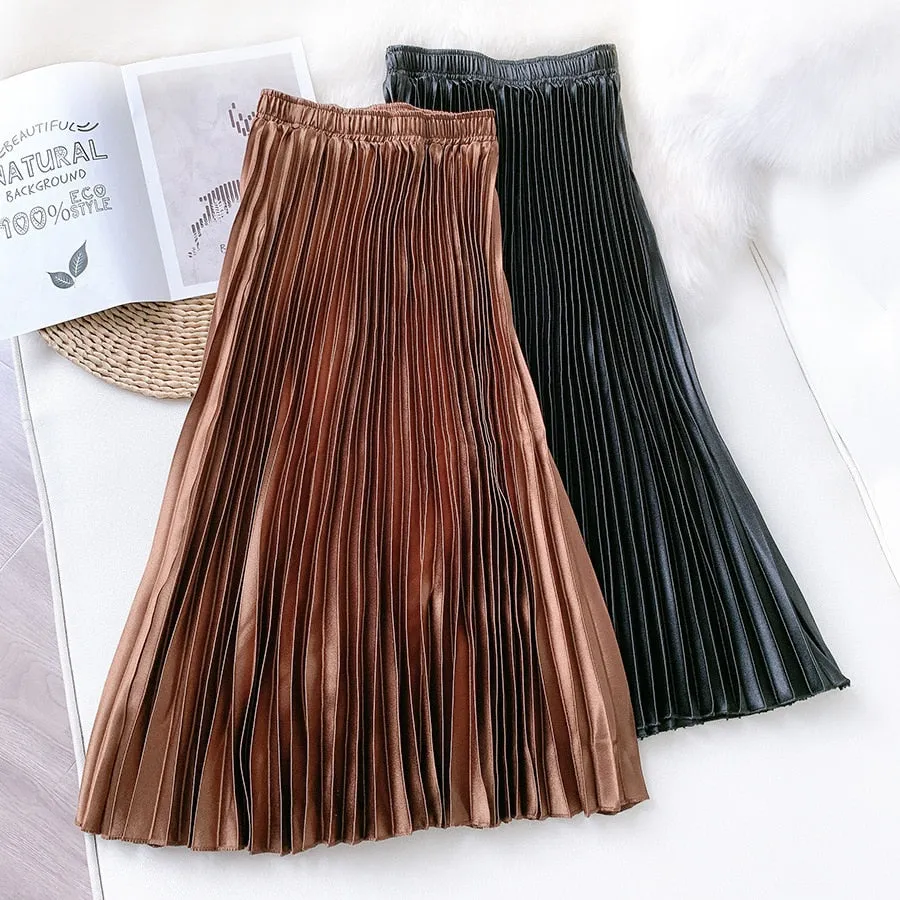 High Waist Pleated Skirt Solid Color Black Pink Long Skirt for Women