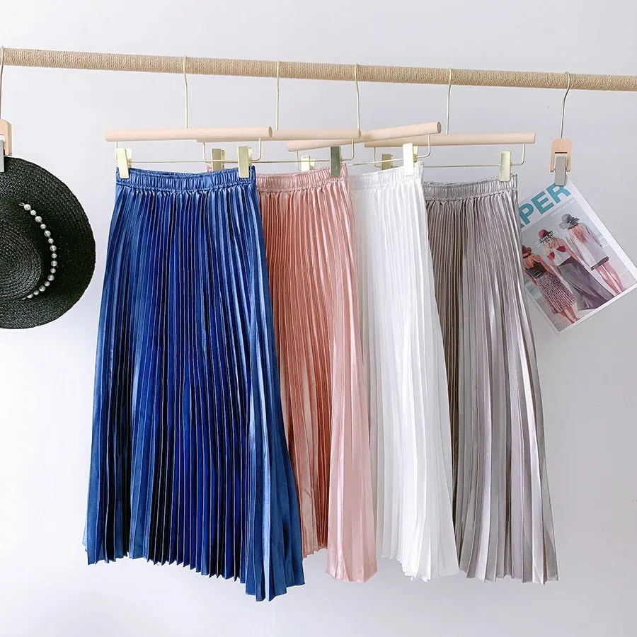 High Waist Pleated Skirt Solid Color Black Pink Long Skirt for Women