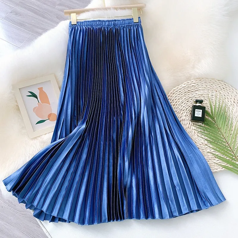 High Waist Pleated Skirt Solid Color Black Pink Long Skirt for Women