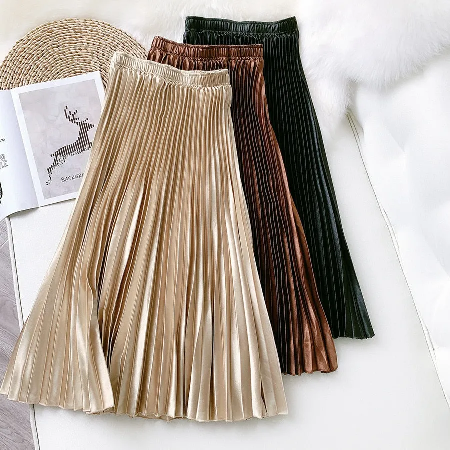 High Waist Pleated Skirt Solid Color Black Pink Long Skirt for Women