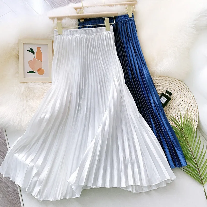 High Waist Pleated Skirt Solid Color Black Pink Long Skirt for Women