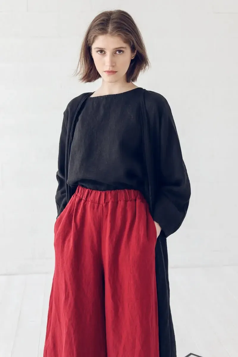 High Waisted Linen Culottes with Elastic Waistband