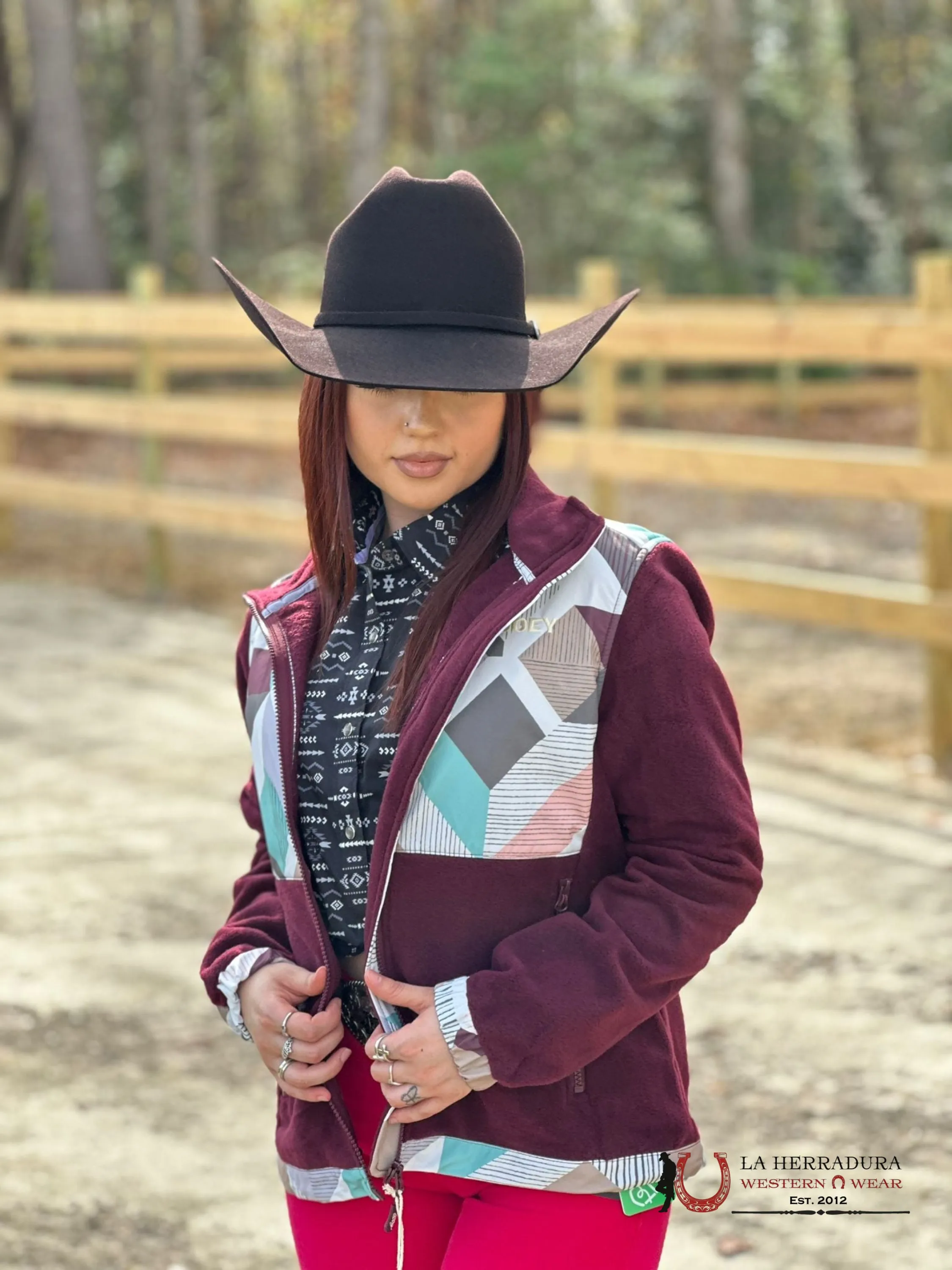 Hooey Womens Purple w/ Multi Colored Geometric Shoulder Pattern Tech Fleece