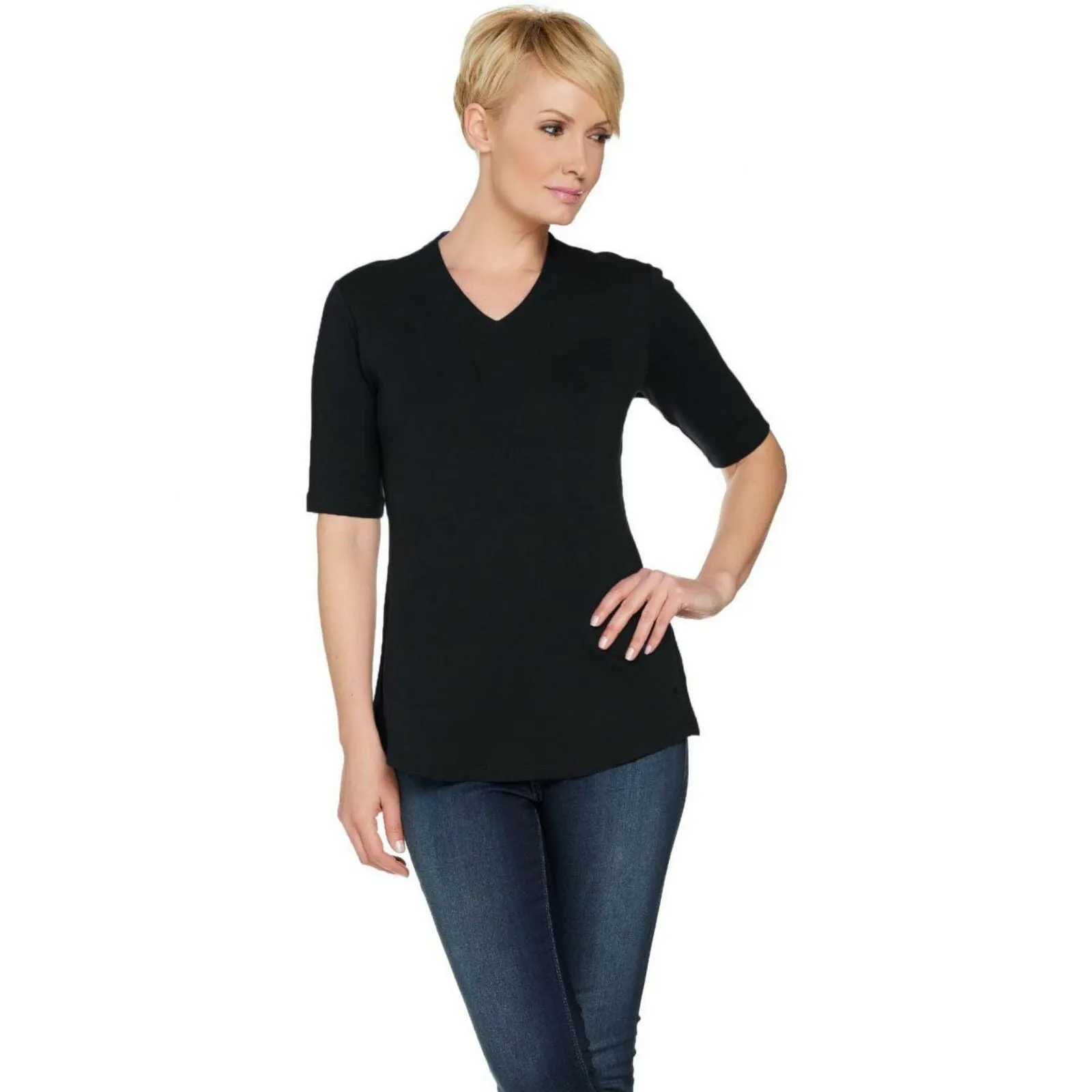 Isaac Mizrahi Live! Women's Essentials V Neck Elbow Sleeve Tunic Top Black XS