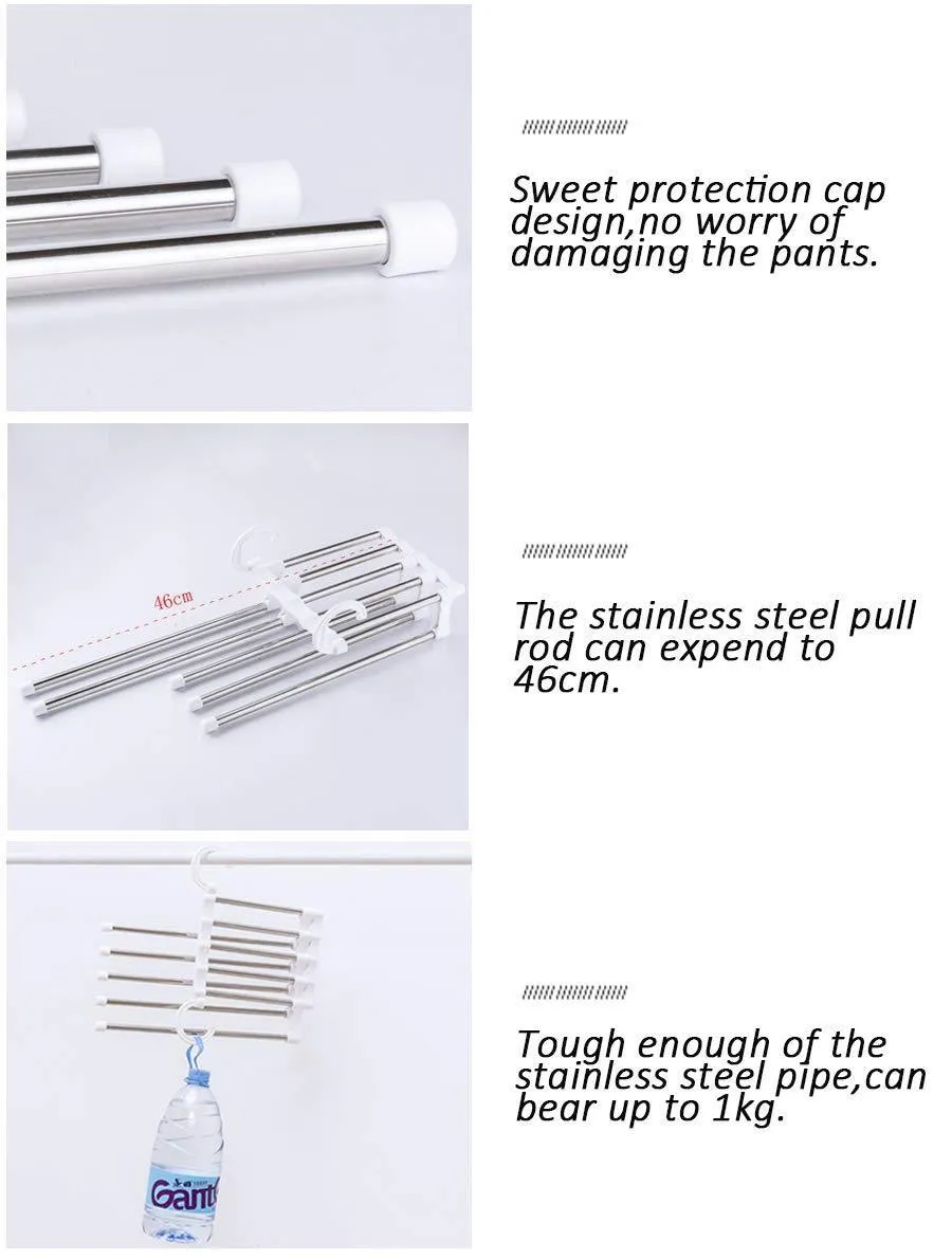 ISUE (Set of 2pcs 5 in 1 Portable Stainless Steel Clothes Pants Hangers Closet Storage Organizer for Pants Jeans Hanging 13.38 x 7.2in