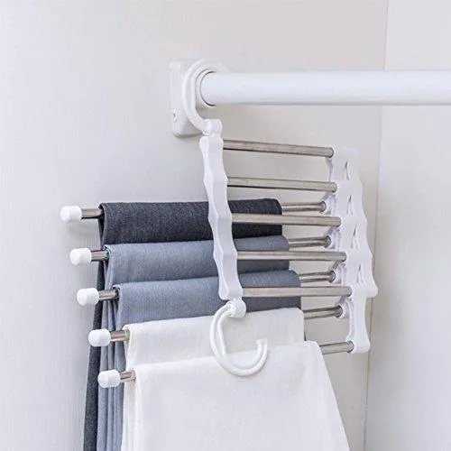 ISUE (Set of 2pcs 5 in 1 Portable Stainless Steel Clothes Pants Hangers Closet Storage Organizer for Pants Jeans Hanging 13.38 x 7.2in