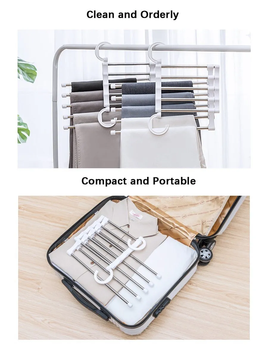 ISUE (Set of 2pcs 5 in 1 Portable Stainless Steel Clothes Pants Hangers Closet Storage Organizer for Pants Jeans Hanging 13.38 x 7.2in
