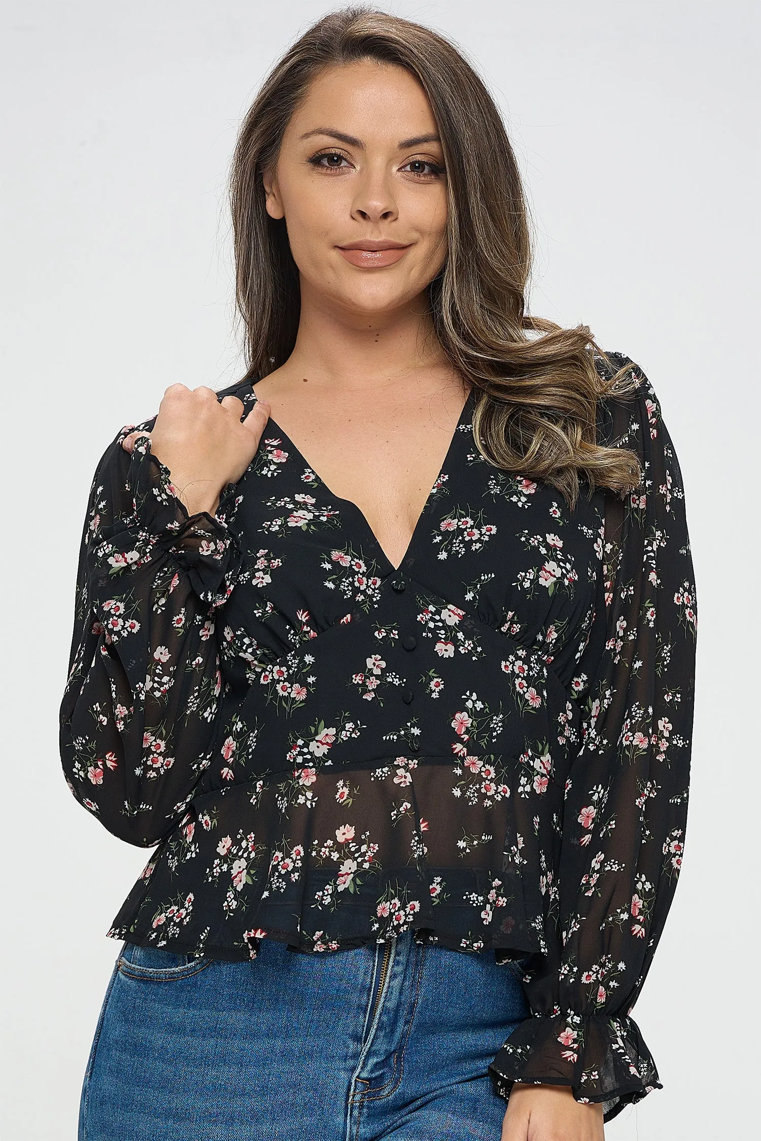 IT5450-PLUS | Tops | Junior Plus Romantic Floral Chiffon Blouse