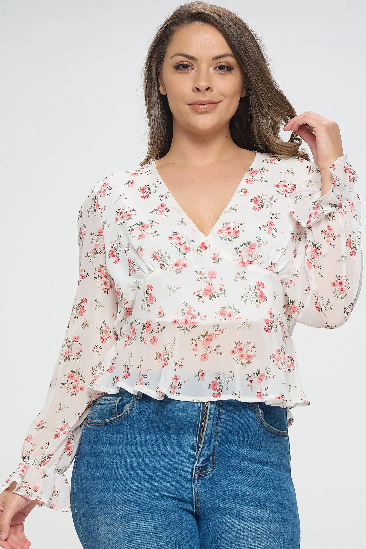 IT5450-PLUS | Tops | Junior Plus Romantic Floral Chiffon Blouse