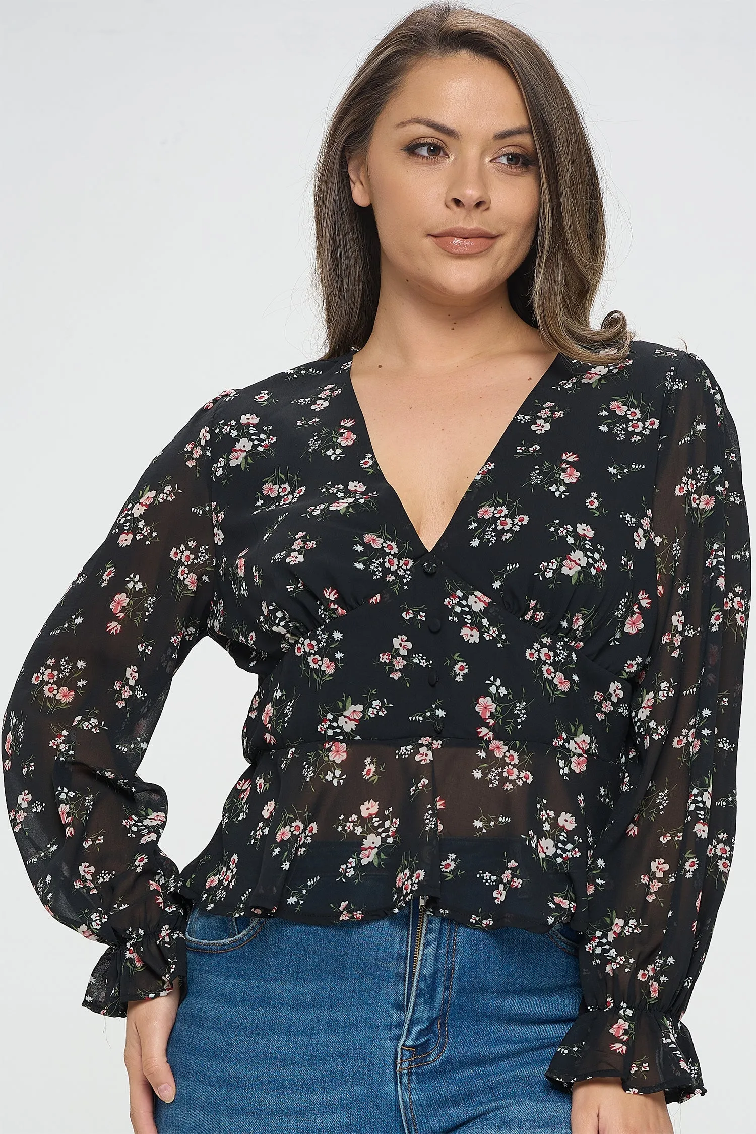 IT5450-PLUS | Tops | Junior Plus Romantic Floral Chiffon Blouse