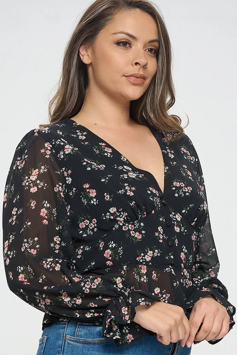 IT5450-PLUS | Tops | Junior Plus Romantic Floral Chiffon Blouse