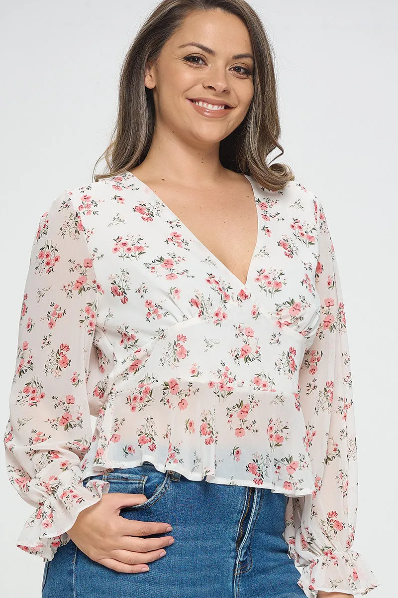 IT5450-PLUS | Tops | Junior Plus Romantic Floral Chiffon Blouse