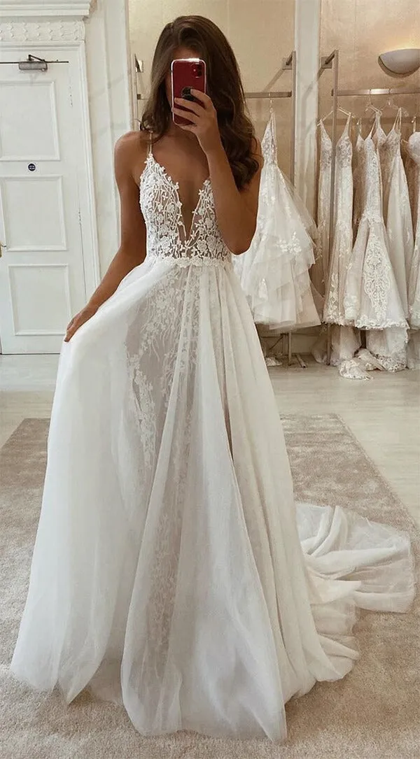 Ivory Spaghetti Straps V-neck Wedding Dresses with Detachable Skirt, SW373