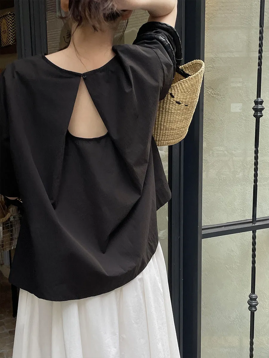 JazzHer Back Hollow Round Neck Simple T-Shirt
