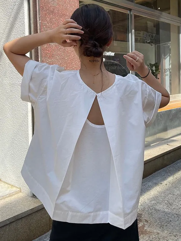 JazzHer Back Hollow Round Neck Simple T-Shirt