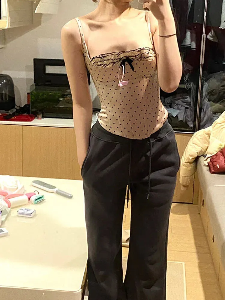 JazzHer Casual Polka Dot Tank Tops Spring Summer Sleeveless Women Camisole Streetwear Sexy Hot Off Shoulder Simple Bow Vest Cozy Beige
