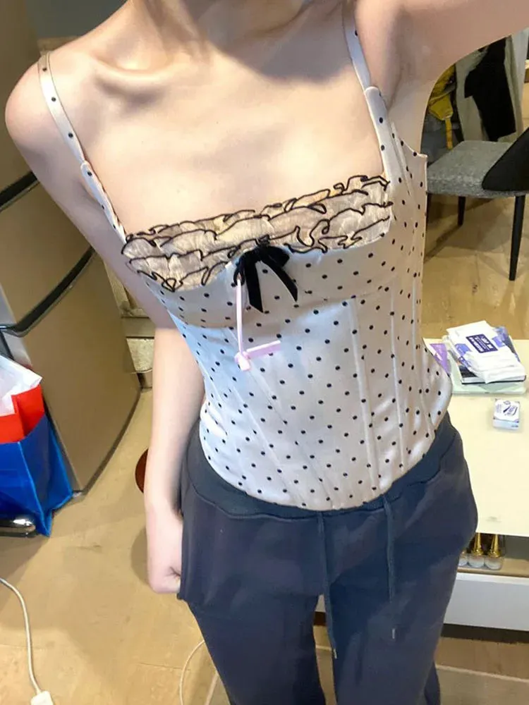 JazzHer Casual Polka Dot Tank Tops Spring Summer Sleeveless Women Camisole Streetwear Sexy Hot Off Shoulder Simple Bow Vest Cozy Beige